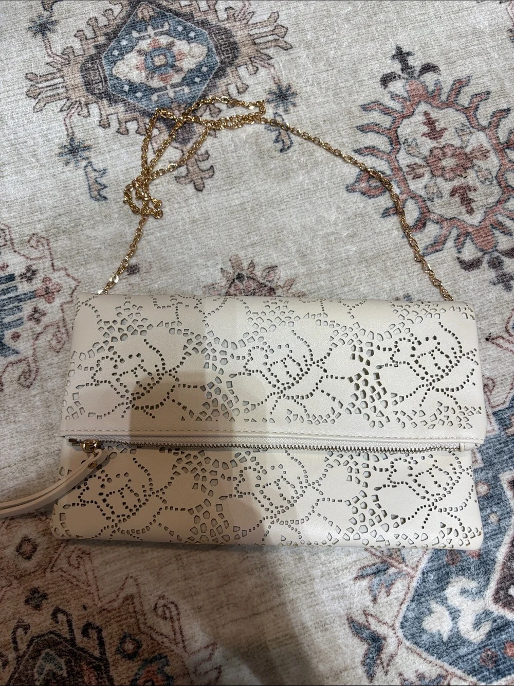 Perforated Cream Fold-Over Crossbody Bag with Gold Chain